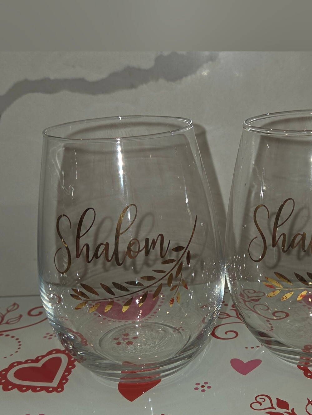 Pair Of Shalom Stemless Wine Glass - Gold Lettering